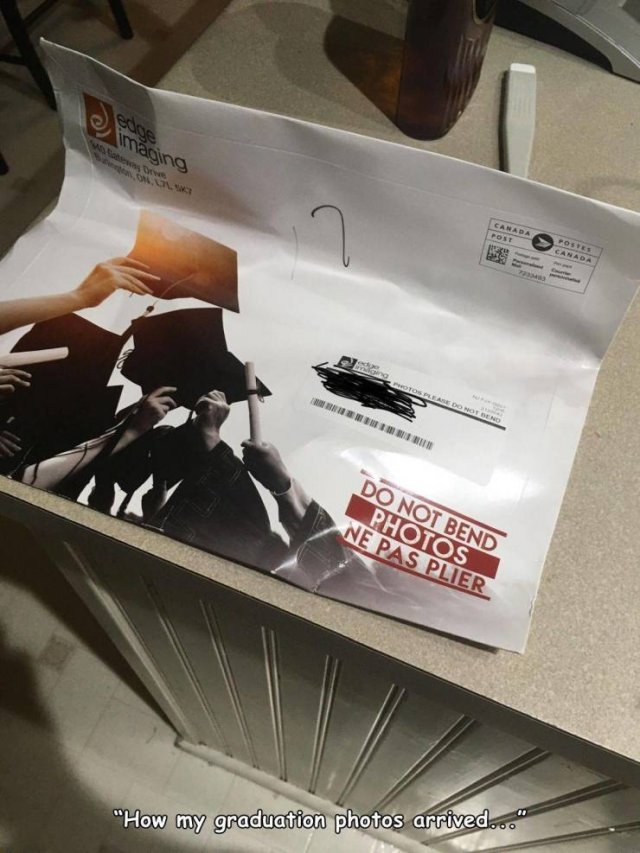 airplane - wo imaging Canada Post Postes Canada Tos Please Do Not Send Do Not Bend Photos Ne Pas Plier "How my graduation photos arrived..."