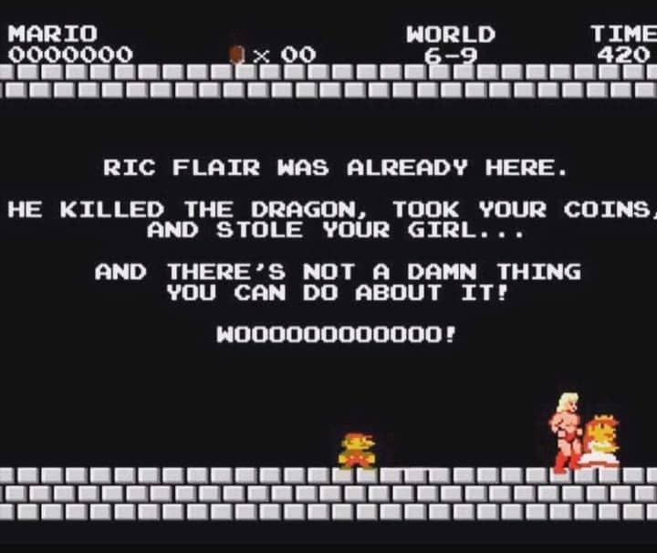 ric flair meme - Mario 0000000 World 69 X 00 Time 420 Ric Flair Was Already Here. He Killed The Dragon, Took Your Coins And Stole Your Girl.. And There'S Not A Damn Thing You Can Do About It! WOOO000000000!