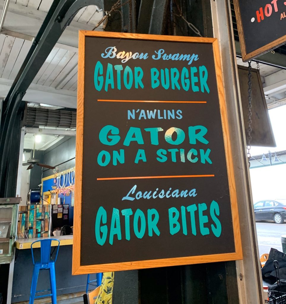 signage - Hot Al Bayou Swamp Gator Burger N'Awlins Gator On A Stick Gun Louisiana 10 Gator Bites