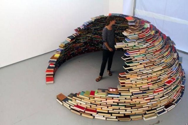 stacked book sculpture