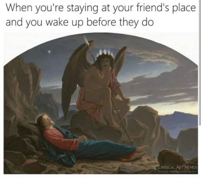 satan watching the sleep of christ joseph noel paton - When you're staying at your friend's place and you wake up before they do Classical Art Memes