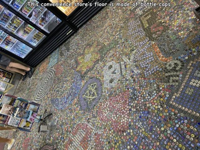 mosaic - This convenience store's floor is made of bottle caps.