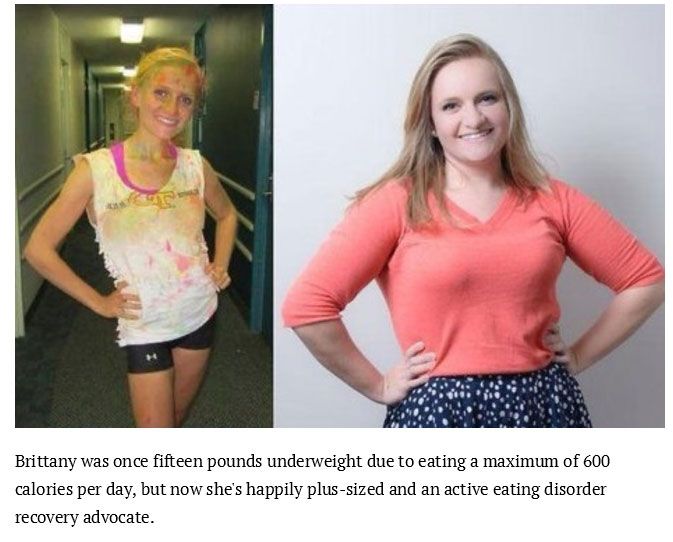 people recovering from eating disorders - Brittany was once fifteen pounds underweight due to eating a maximum of 600 calories per day, but now she's happily plussized and an active eating disorder recovery advocate.