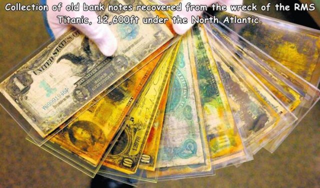 old money recovered from the titanic - Collection of old bank notes recovered from the wreck of the Rms Titanic, 13,600ft under the North Atlantic. Loshlenes Lin One Del Y69991946 10 12978 Ou
