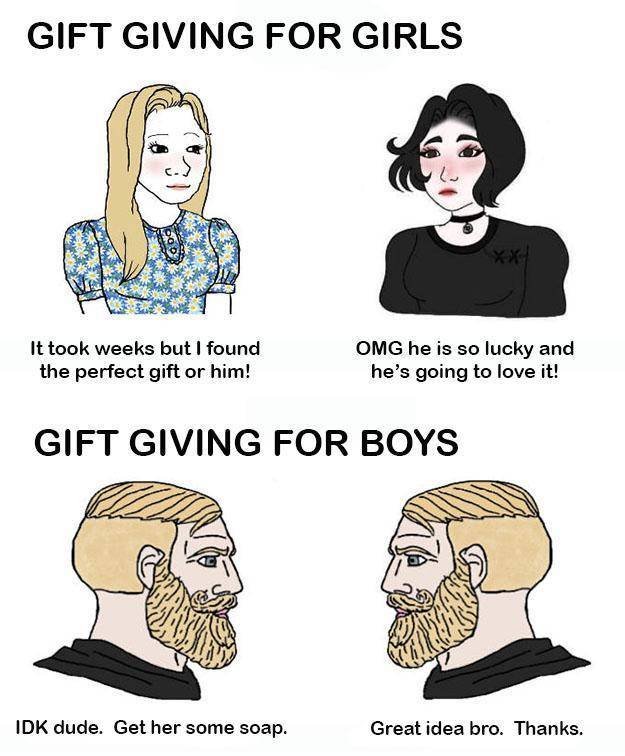 girl and boy meme template - Gift Giving For Girls It took weeks but I found the perfect gift or him! Omg he is so lucky and he's going to love it! Gift Giving For Boys Idk dude. Get her some soap. Great idea bro. Thanks.