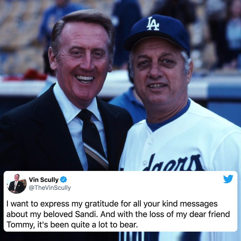 tommy lasorda vin scully - Ja a. Jaars Vin Scully I want to express my gratitude for all your kind messages about my beloved Sandi. And with the loss of my dear friend Tommy, it's been quite a lot to bear.
