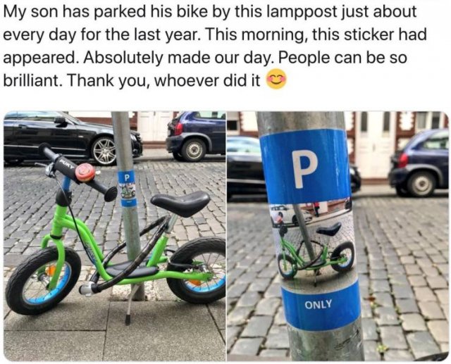 y son has parked his bike every day for the last year this morning - My son has parked his bike by this lamppost just about every day for the last year. This morning, this sticker had appeared. Absolutely made our day. People can be so brilliant. Thank yo
