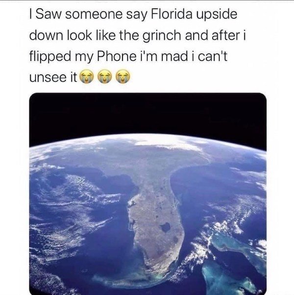 high resolution florida from space - I Saw someone say Florida upside down look the grinch and after i flipped my Phone i'm mad i can't unsee it