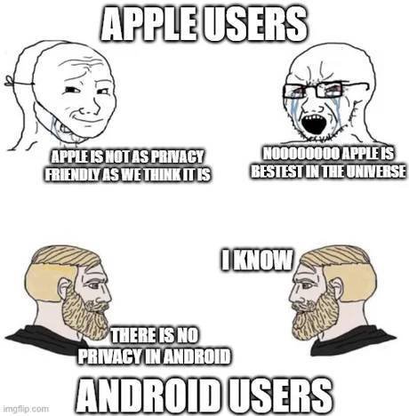 soyjaks vs chads meme - Apple Users Apple Is Not As Privacy Friendly As We Think It Is NO0000000 Apple Is Bestest In The Universe I Know There Is No Privacy In Android Android Users Imgflip.com