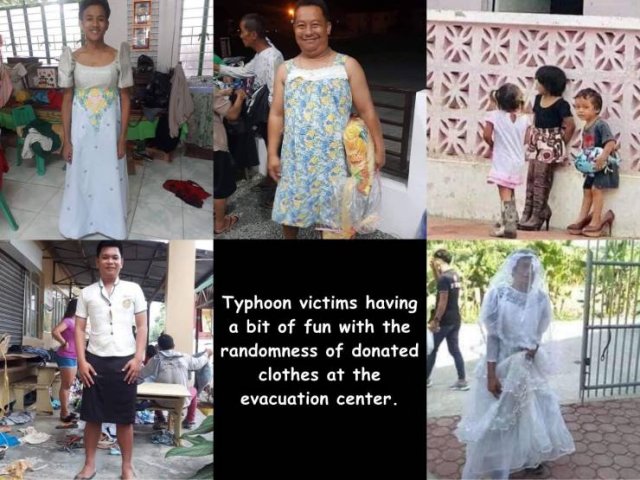 day - Typhoon victims having a bit of fun with the randomness of donated clothes at the evacuation center.