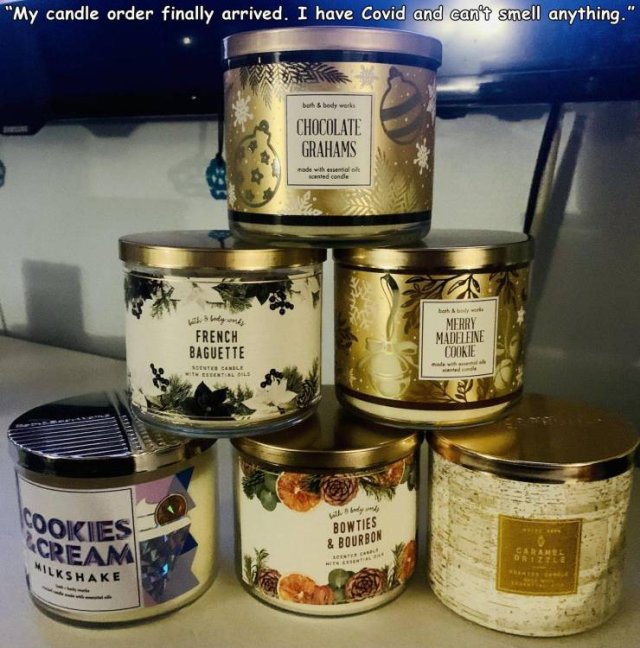 canning - "My candle order finally arrived. I have Covid and can't smell anything. buh & bodywork Chocolate Grahams made with wasted conde French Baguette Merry Madeleine Cookie Senter Canile Tenti Cookies Cream Milkshake Bowties & Bourbon