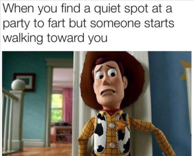 woody hiding meme - When you find a quiet spot at a party to fart but someone starts walking toward you