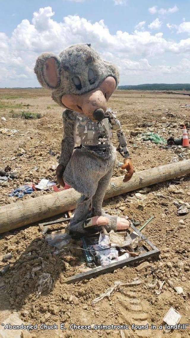 abandoned chuck e cheese animatronic - "Abandoned Chuck E. Cheese animatronic found in a landfill"