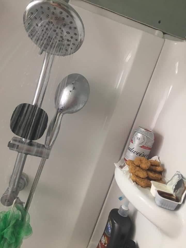 beer and chicken nuggets in shower