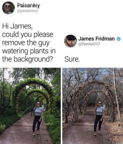 james fridman - Hi James, could you please remove the guy watering plants in the background? James Fridman Sure. .