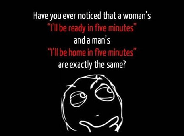funny men are from mars women - Have you ever noticed that a woman's "I'll be ready in five minutes." and a man's "I'll be home in five minutes are exactly the same?