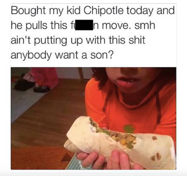 kid eating burrito wrong - Bought my kid Chipotle today and he pulls this fun move. smh ain't putting up with this shit anybody want a son?