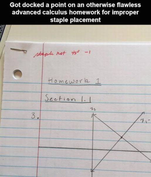 handwriting - Got docked a point on an otherwise flawless advanced calculus homework for improper staple placement staple not 450 1 Homework Section 1.1