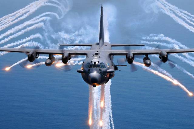 Both AC-130 variants (AC-130U "Spooky" and AC-130W Stinger II) are highly modified versions of the original C-130 airframe. The variants are both tasked with close-air-support missions, convoy escort, and point air defense.