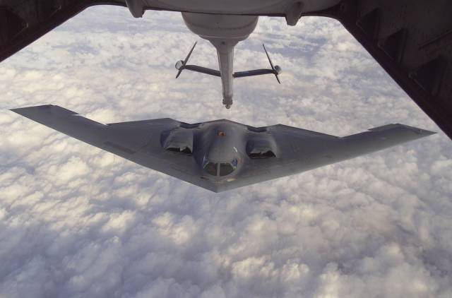 The B-2 Spirit is a stealth bomber capable of carrying both conventional and nuclear munitions.