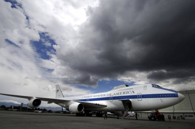 The E-4B is the National Airborne Operations Center (NAOC), which serves as a command-and-control center for the president, the secretary of defense, and the Joint Chiefs of Staff during emergencies.