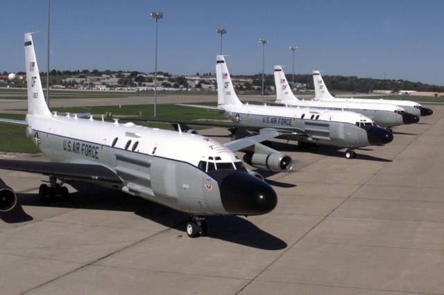 The RC-135 aircraft variants (RC-135S Cobra Ball, RC-135U Combat Sent, RC-135V/W Rivet Joint) are all intelligence-collecting aircraft. The Cobra Ball collects information on ballistic targets, which it reports to the Joint Chiefs of Staff. The Rivet Joint provides real-time on-scene intelligence collection, and the Combat Sent relays electronic-reconnaissance information to the president, secretary of defense, and Department of Defense leaders.