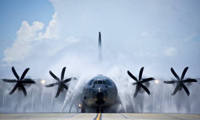 The WC-130 Hercules is a weather-reconnaissance aircraft. It is flown through storms, hurricanes, and winter storms to collect and measure information about the weather pattern.