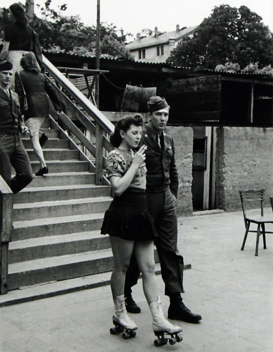 A Young Woman On Roller Skates And Her Soldier Honey, 1940s