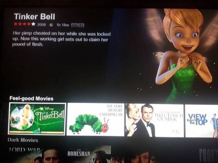 netflix descriptions wrong - Tinker Bell 2008 G 1h 18mm Her pimp cheated on her while she was locked up. Now this working girl sets out to claim her pound of flesh. Feelgood Movies Puer The Very Lility Enterpillar linkerbell Dark Movies Ford Wa Homesman