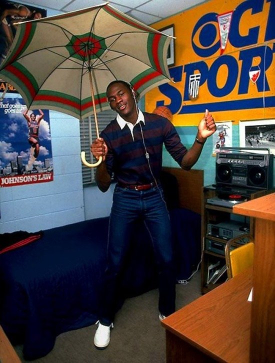 Michael Jordan goofing around in his (very clean) college dorm room.