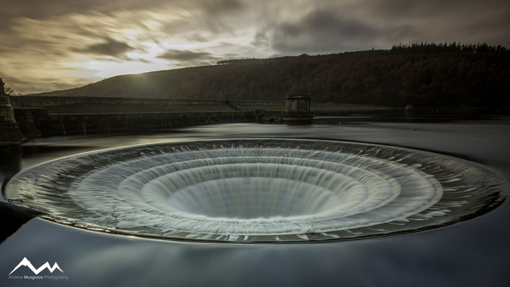 The plughole at the Ladybower Reservoir in the UK. The hole is actually man-made to prevent the dam from flooding.