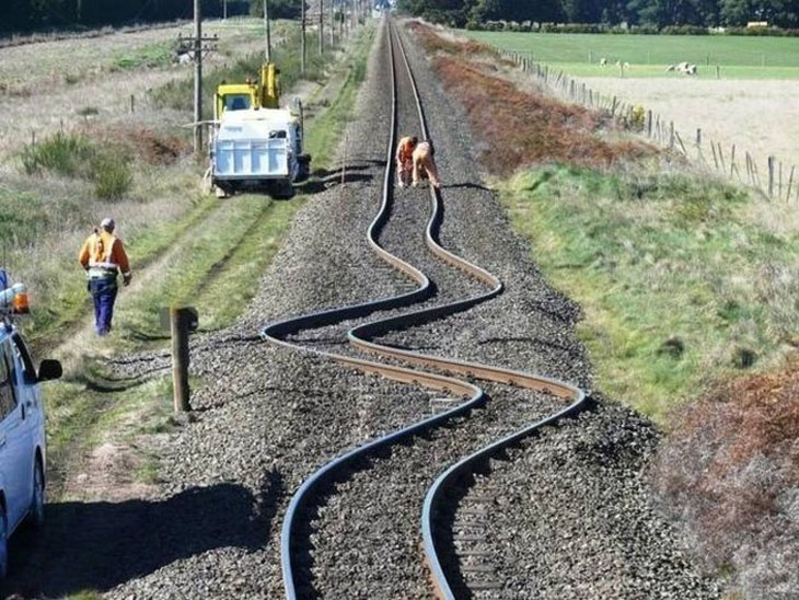 This is what happened to train tracks after an earthquake in Canterbury, New Zealand.