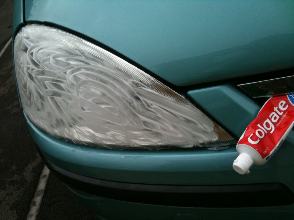 Make the man's headlights appear brand new with some toothpaste and a sponge!