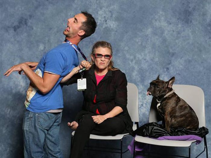 Here he is with Carrie Fisher (Princess Leia) reenacting the death of Jabba. James said, “This was the photo I was most excited and nervous about. Phrasing was going to be key so as to avoid being tackled by security for asking her to ‘please choke me.’ Luckily Carrie is quite zany and down for whatever.”