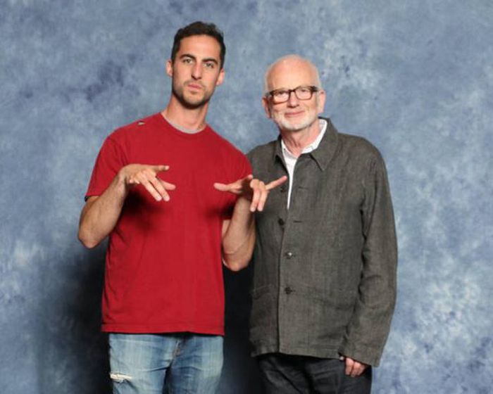 Here he is with Ian McDiarmid, aka Emperor Palpatine.
When James asked for a “force lightning” pose, McDiarmid said, ” No I’m not going to do that. I’ll just stand here because that’s just who I am. But you go right ahead.”