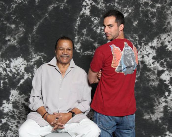As for Billy Dee Williams (Lando Calrissian), he was more of the stoic type.
“May as well have been a wax mannequin of Billy Dee Williams,” James wrote. “He didn’t say a word to me, let alone break the stance you see in this picture in any way. I just modeled my Darth Vader and royal guard shirt.”
