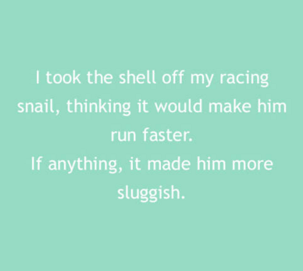 grass - I took the shell off my racing snail, thinking it would make him run faster. If anything, it made him more sluggish.
