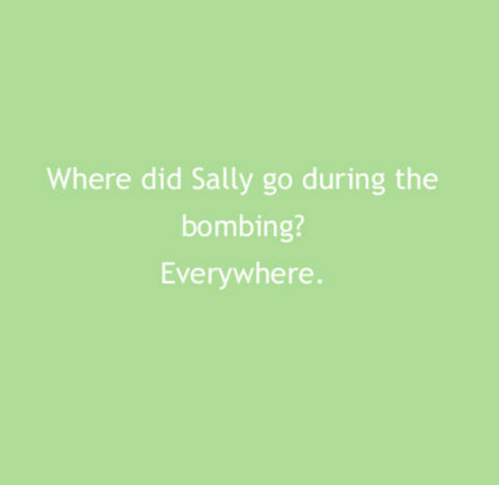 grass - Where did Sally go during the bombing? Everywhere.