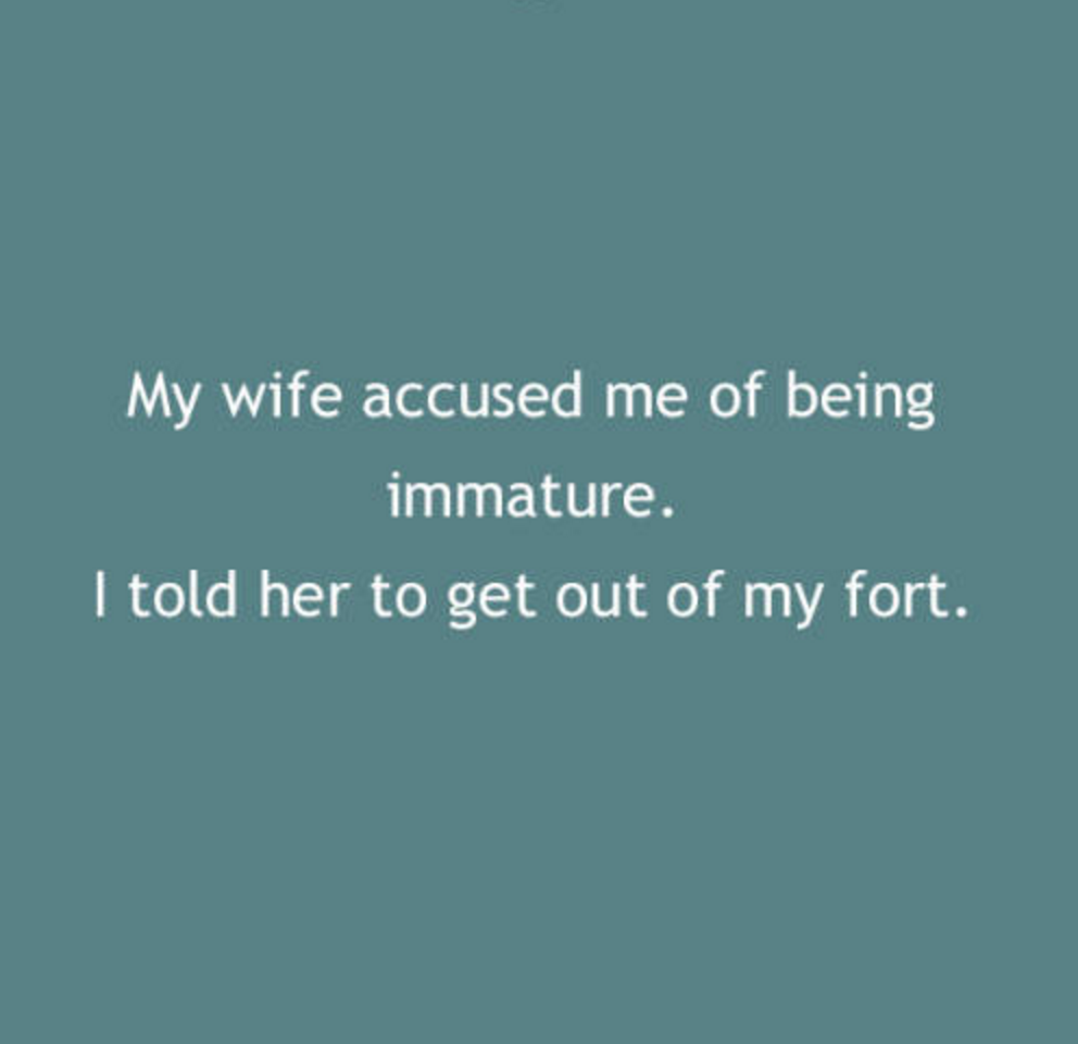 angle - My wife accused me of being immature. I told her to get out of my fort.