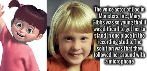 boo monsters inc - The voice actor of Boo in Monsters, Inc., Mary Gibbs was so young that it was difficult to get her to stand in one place in the recording studio. The solution was that they ed her around with a microphone
