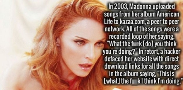 beauty - In 2003, Madonna uploaded songs from her album American Life to kazaa.com, a peer to peer network. All of the songs were a recorded loop of her saying, "What the fakdol you think you're doing?" In retort, a hacker defaced her website with direct 