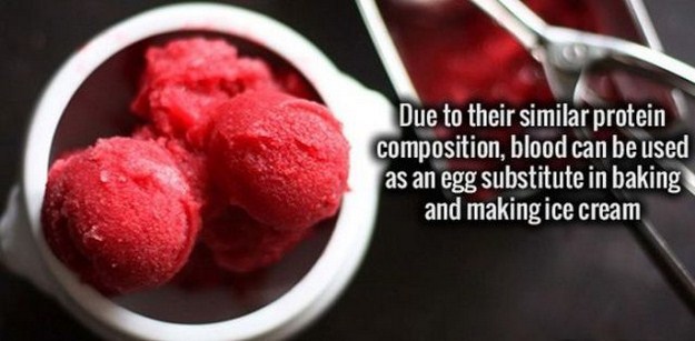 blood can be used as an egg substitute - Due to their similar protein composition, blood can be used as an egg substitute in baking and making ice cream