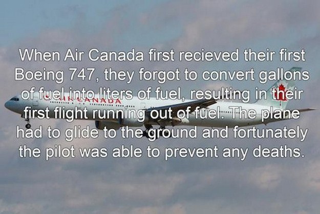 biggest fails in humanity - When Air Canada first recieved their first Boeing 747, they forgot to convert gallons of fuel into liters of fuel, resulting in their first flight running out of fuel. The plane had to glide to the ground and fortunately the pi