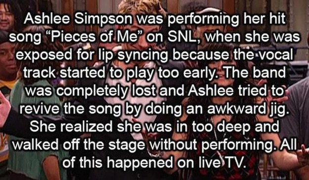 success kid - Ashlee Simpson was performing her hit song Pieces of Me" on Snl, when she was exposed for lip syncing because the vocal track started to play too early. The band was completely lost and Ashlee tried to revive the song by doing an awkward jig