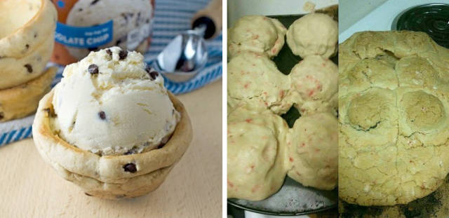 “Want a fun roommate activity? Make cookie bowls for ice cream! But instead of cookie bowls, we got a delicious cookie pancake. So close.”