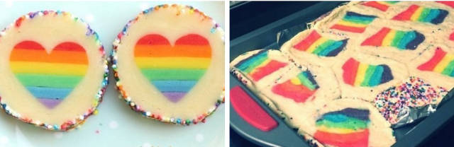 “My girlfriend and I tried to make rainbow heart cookies. Instead, we made awkward pride flag cookies… Oops.”