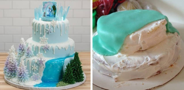 “Pinterest fail on a Frozen-themed birthday cake for my daughter. I gave up and called a bakery. Not pictured: $80 in baking and decorating supplies.”