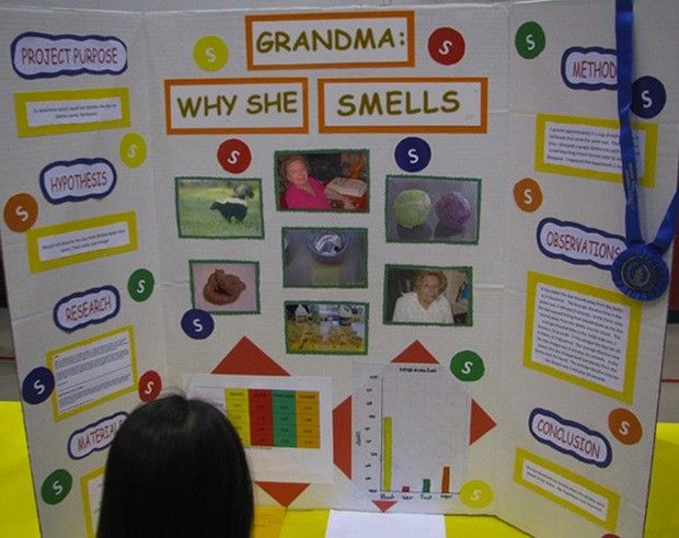 Then there’s the smell of old people. This girl wanted to know why her grandma smells. The picture of poop on her board suggests fart-smelling may have played a role in her research as well.