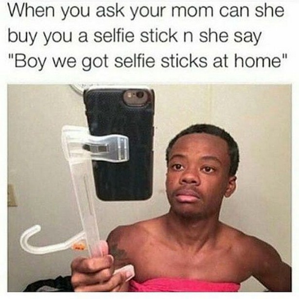 work meme about stingy mom making selfie stick out of clothing hangers