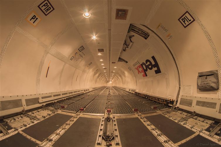 the inside of a fedex boeing 757 without any cargo